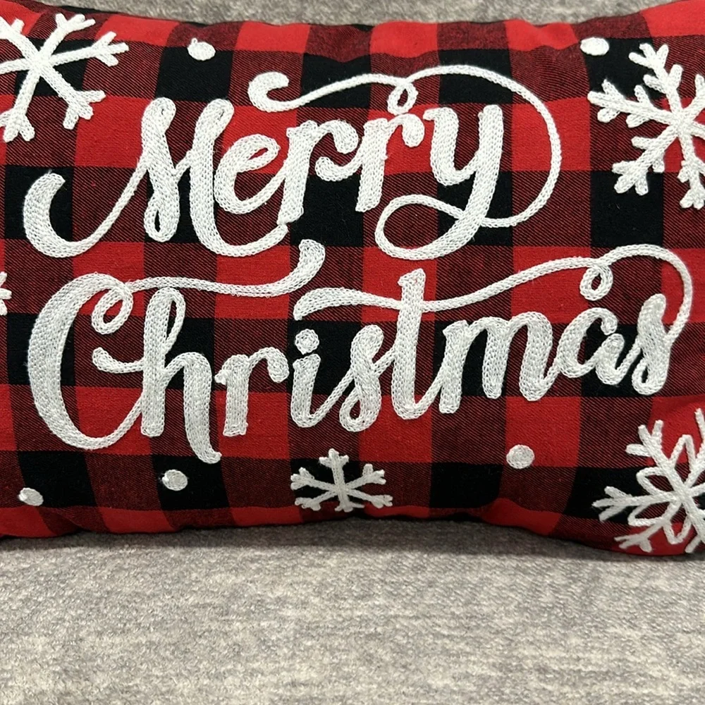 Merry Christmas Embroidered Holiday Themed Buffalo Plaid Throw Pillow.